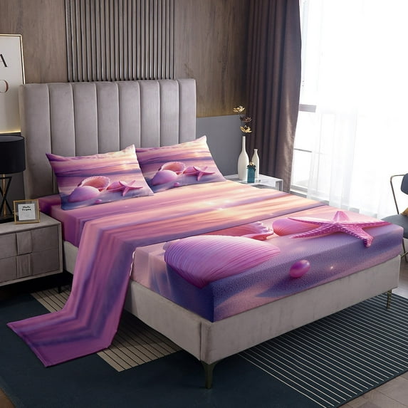 Erosebridal Pink Seashell Twin Sheet Sets, Kawaii Starfish Bedding Twin Size, Romantic Beach Decor 3pcs