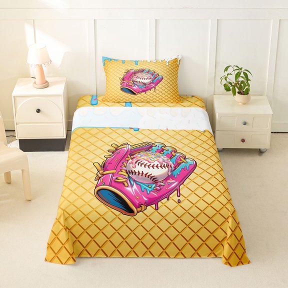Erosebridal Pink Sport Gloves Twin Sheet Sets, Baseball Ice Cream Bedding, 3-Piece