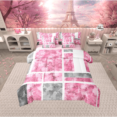 Erosebridal Pink Sqare Bedding Sets Twin Size,Geometric Buffalo Comforter Sets with Sheets,Ombre Rectangle Bed in a Bag Twin size,Breathable Abstract Bedroom Decorative,Reversible,7-Piece