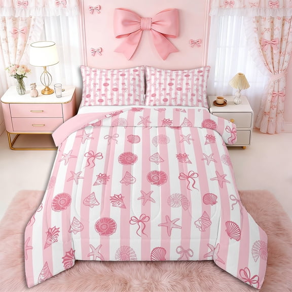 Erosebridal Pink Starfish Bow Knot Full Size Comforter Sets 3 Pieces for Girls,Ocean Theme Geometric Stripes Bedding Sets for Teens Adults,Pink Reversible,Luxury Bedroom Decor