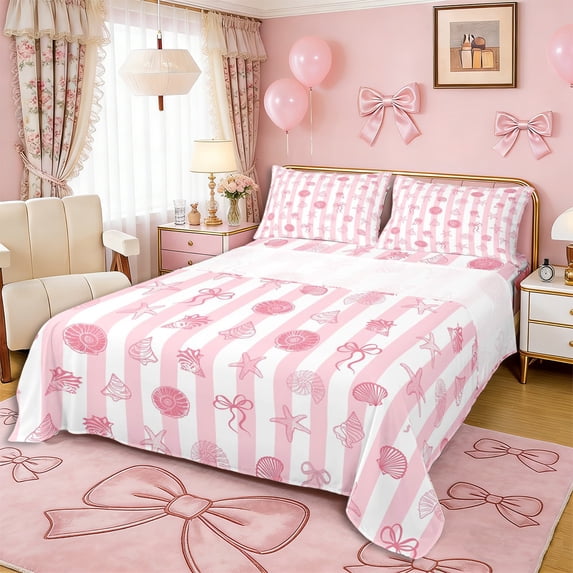 Erosebridal Pink Starfish Bow Knot Full Size Sheets 4-Piece for Girls,Ocean Theme Geometric Stripes Bed Sheets for Teens Adults,Luxury Bedroom Decor