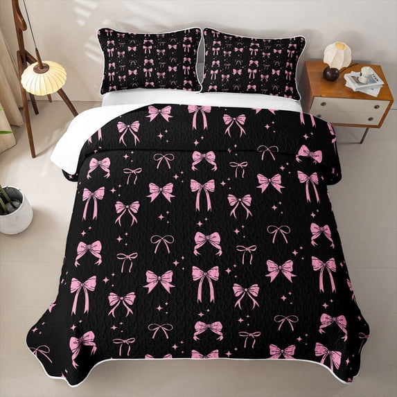 Erosebridal Pink Stars Bow Quilt Full,Dreamy Princess Style Full Bedspread Sets For Girls,3pcs