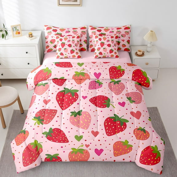 Erosebridal Pink Strawberry Bedding Full Size, Fresh Fruit Bedding Sets Full Size, Cartoon Theme Decor, Reversible 7-Piece