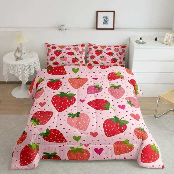 Erosebridal Pink Strawberry Bedding Sets King with Comforter, Fresh Fruit Duvet Insert, Cartoon Theme Decor, Super Cozy 3-Piece