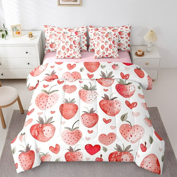 Erosebridal Pink Strawberry Bedding Sets Queen Size, Kawaii Fruit Comforter Sets with Sheets, Love Heart Decor, Reversible 7pcs