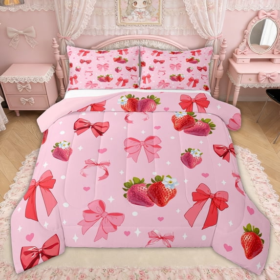 Erosebridal Pink Strawberry Bow Queen Comforter Set for Girls, Cute Strawberry Ribbon Bedding Comforter Set, Pink Reversible, 3 Pieces