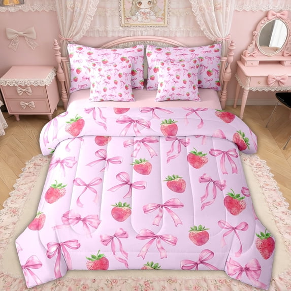 Erosebridal Pink Strawberry Bow Twin Bedding Sets for Girls Kids, Strawberry Ribbon Bedding Comforter Set, Pink Reversible, 7 Pieces