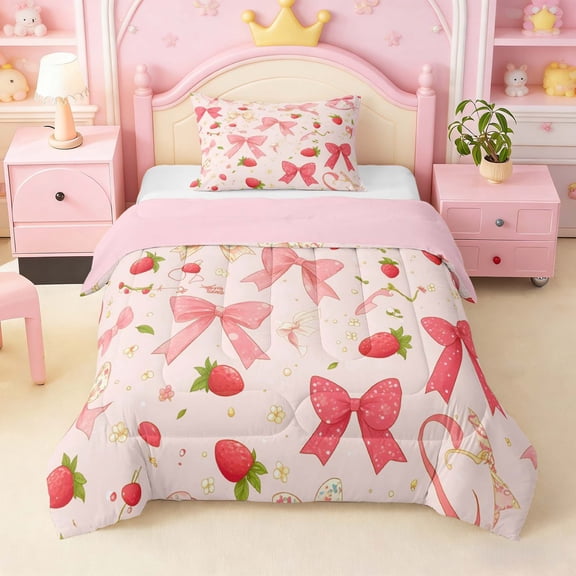 Erosebridal Pink Strawberry Bow Twin Comforter Sets for Girls, Pink White Cute Coquette Bedding Set, 2 Pieces 1 Comforter and 1 Pillowcase