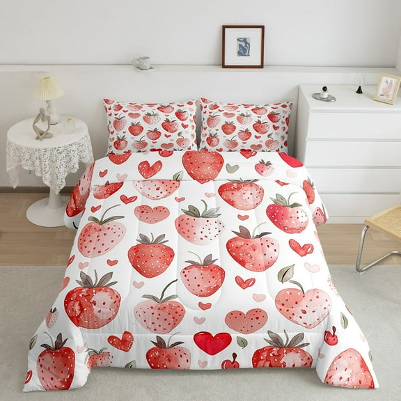 Erosebridal Pink Strawberry Comforter Sets Twin Size, Kawaii Fruit Comforters & Duvets, Love Heart Decor, Reversible 2pcs