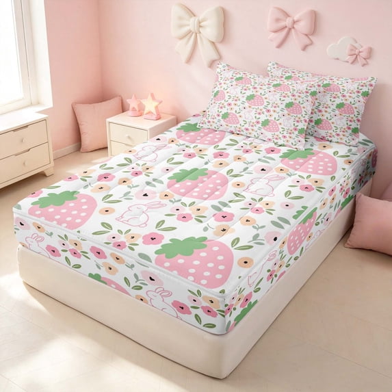 Erosebridal Pink Strawberry Zipper Full Size Comforter Sets with Fitted Sheet and 2 Pillowcases for Girls, Colorful Floral Zipper Bedding Set, Pink Reversible
