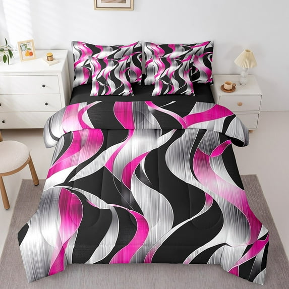 Erosebridal Pink Stripes Bedding Sets King Size,Abstract Artwork Bed in a Bag King size,Spiral Lines Bedding King Size,Lightweight Geometric Bedroom Decorative,Reversible,7-Piece