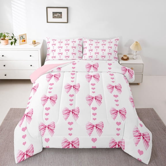 Erosebridal Pink Stripes Bow Tie Queen Comforter Set 3pcs For Kids Girls,Kawaii Love Heart Print Bedding Comforter Set,Pink Reversible
