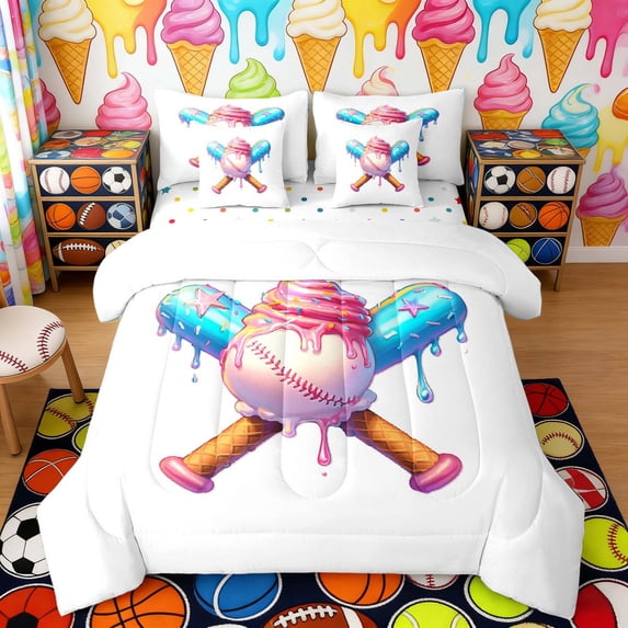 Erosebridal Pink Swirl Baseball & Bat Print Twin Bedding Sets, Cute Sports Bedding Comforter Set for Kids Boys and Girls, Polka Dots Reversible 7pcs