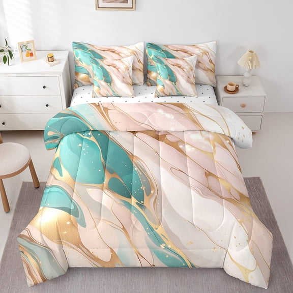 Erosebridal Pink Teal Marble Bed in a Bag Queen size, Foil Print Stone Pattern Bed Set, Soft 7pcs