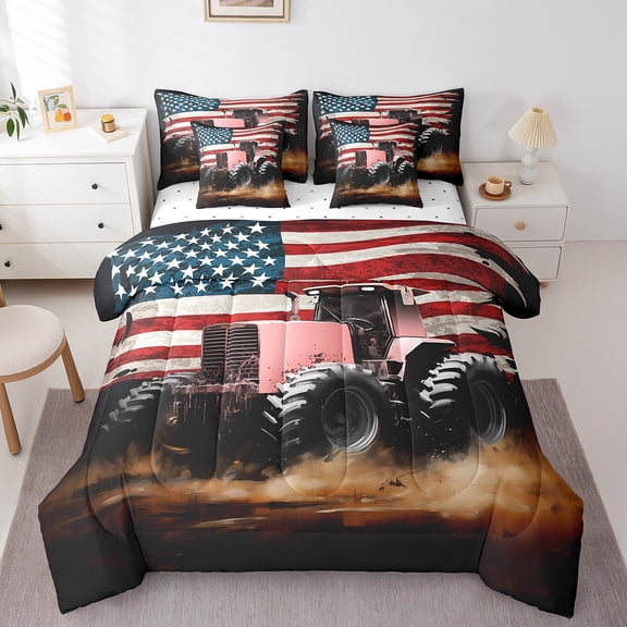 Erosebridal Pink Tractor Truck Bed in a Bag Queen Size, Vintage American Flag Bed Set, Breathable Bed Sheets Setp with Comforter, Bedroom Decor, Reversible 7 Pieces