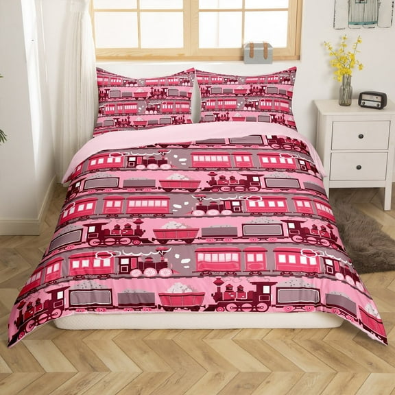 Erosebridal Pink Train Comforter Cover, Steam Engine Bedding, Cartoon Vehicle Decor, Reversible（No Comforter）