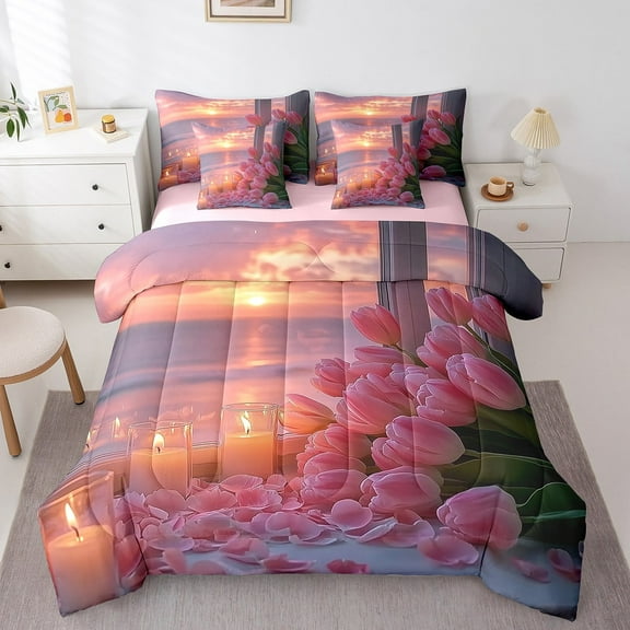 Erosebridal Pink Tulip Bedding Sets Full Size, Romantic Flower Bedding Accessories, Sunset Beach Ocean Decor, Reversible 7pcs