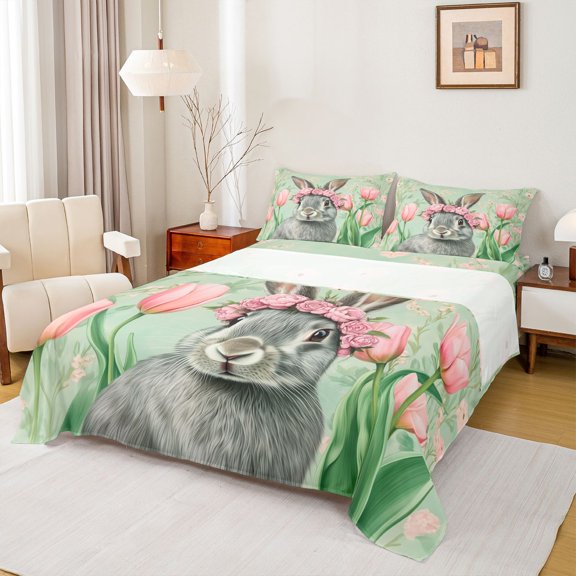 Erosebridal Pink Tulip Floral Bed Sheets,Cute Kawaii Bunny Easter Rabbit King Sheets For Kids 4pcs