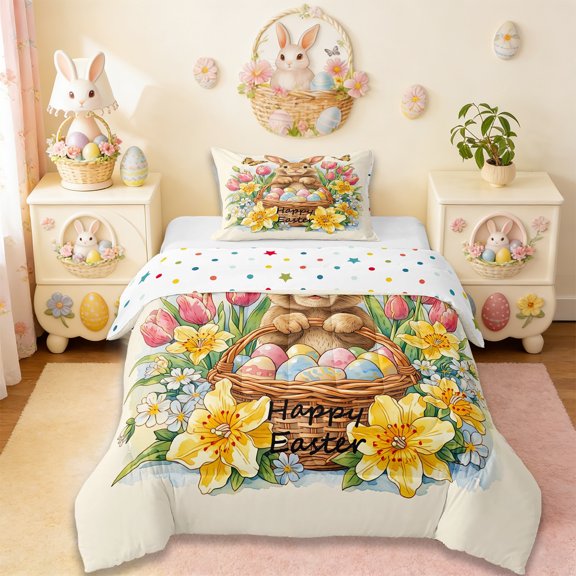 Erosebridal Pink Tulip Flowers Twin Comforter Sets,Cute Rabbit Happy Easter Egg Bedding Set For Kids Girls Reversible 2pcs
