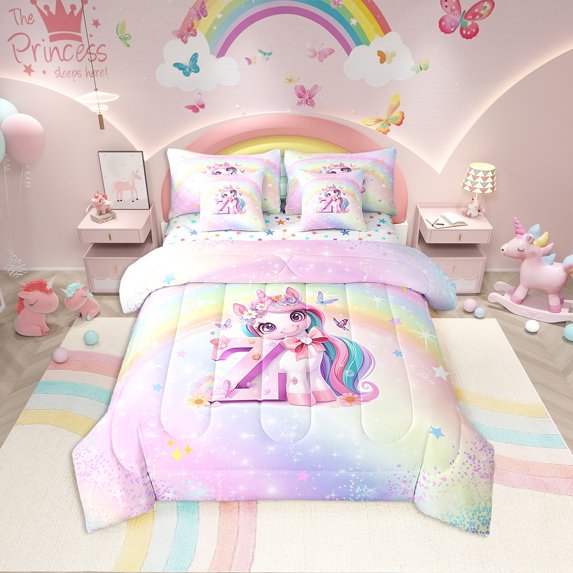 Erosebridal Pink Unicorn Bedding Queen Size, Initial Z Letter Bedding Sets Queen Size, Flower Decor, Reversible 7-Piece