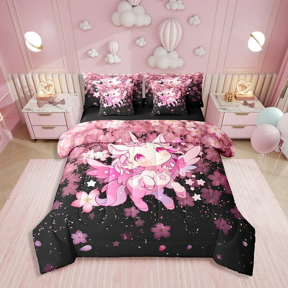 Erosebridal Pink Unicorn Bedding Sets Twin Size, Dreamy Stars Comforter Sets with Sheets, Flowers Decor, 7-piece