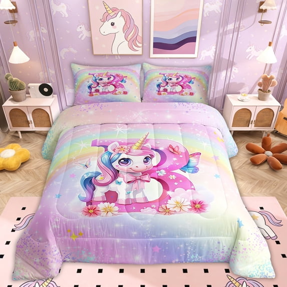 Erosebridal Pink Unicorn Bedding Twin Comforter Set, Initial B Letter Down Comforter, Flower Decor, Reversible 2 Pieces