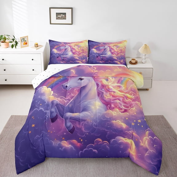 Erosebridal Pink Unicorn Comforter Sets Twin Size, Glitter Star Rainbow Comforters & Duvets, Dreamy Bedroom Decorative, Reversible 2pcs