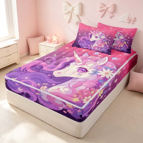 Erosebridal Pink Unicorn Zipper Queen Comforter Set with Fitted Sheet and 2 Pillowcases for Girls, Gradient Galaxy Stars Zipper Bedding Set, Pink Reversible