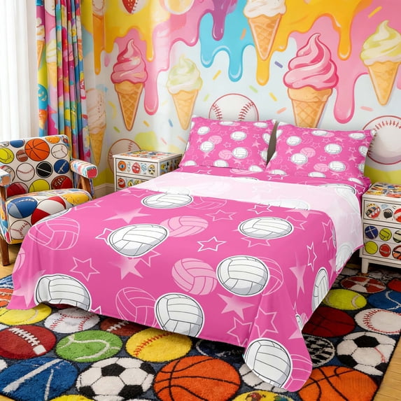 Erosebridal Pink Volleyball Star Pattern Full Size Sheets, Cute Sport Bed Sheets for Girls and Boys, 4-Piece, 1 Flat Sheet, 1 Fitted Sheet and 2 Pillowcases