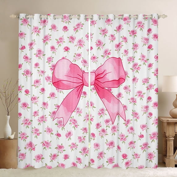Erosebridal Pink Watercolor Bow Blackout Curtains Set of 2 (52x84 Each) for Girls, Rose Flower Floral Window Curtains