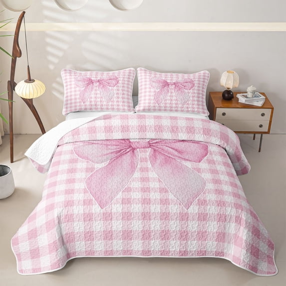Erosebridal Pink Watercolor Bow Twin Quilt Set for Girls, Pink Bow Twin Coverlet Set for Women, 2-Piece