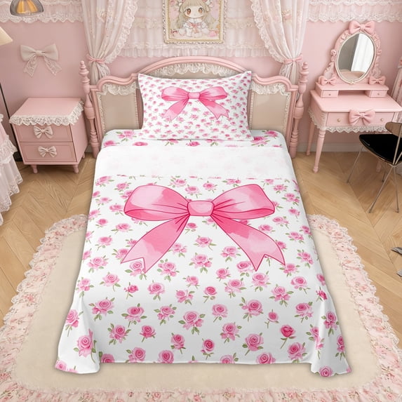Erosebridal Pink Watercolor Bow Twin Sheet Sets for Girls, Rose Flower Floral Bedding, 3-Piece
