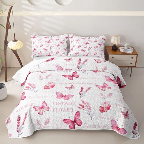 Erosebridal Pink Watercolor Butterfly Twin Quilt Set for Girls, Lavender Floral Twin Coverlet Set, 2-Piece