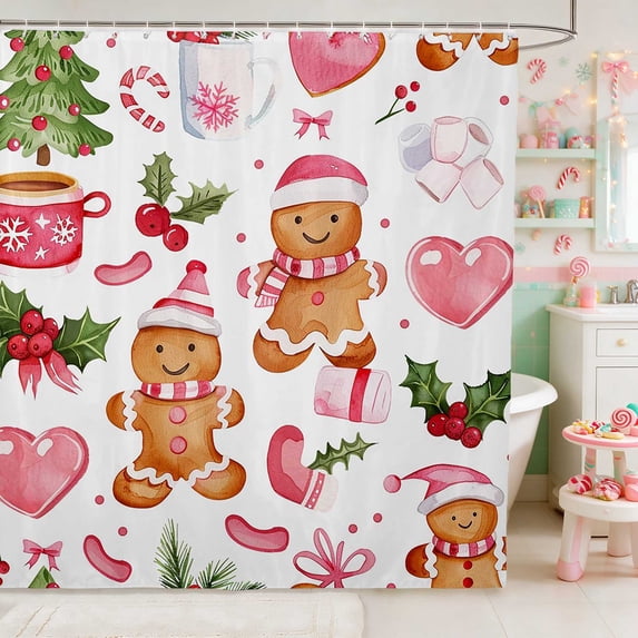 Manfei Pink Waterproof Shower Curtain 72Wx72L Holiday Bathroom Curtain, Red White