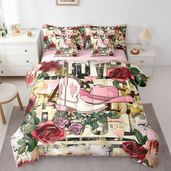 Erosebridal Pink Western Cowgirl Boots Bedding Twin Size,Botanical Flower Rose Comforter Sets with Sheets,Retro Farmhouse Cabin Bedding Sets Twin Size,Breathable Bedroom Decor Reversible,7pcs