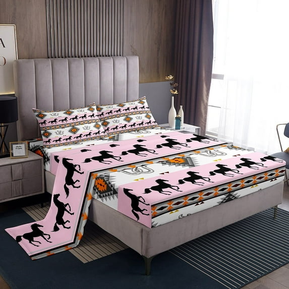 Erosebridal Pink Western Cowgirls Bed Sheets Full, Rustic Farmhouse Aztec Bedding Sets Full Size, Horse Horseshoes Bedroom Decor 4 Pieces