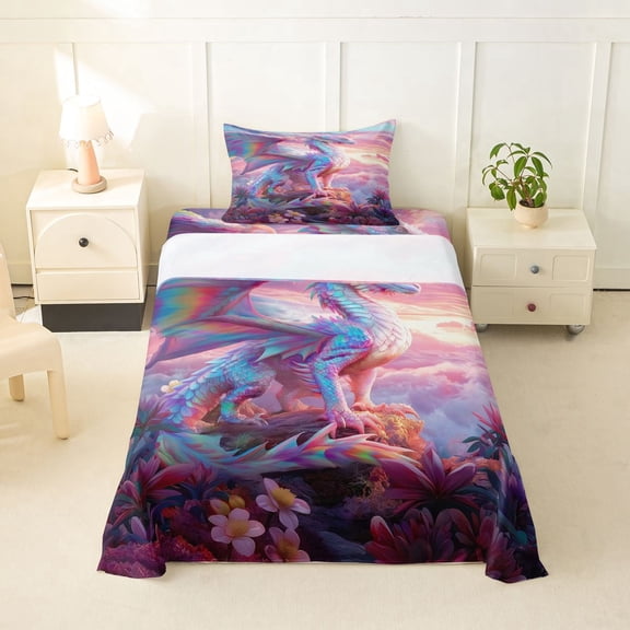 Erosebridal Pink Western Dragon Twin Sheet Sets for Kid, Magical Animal Bedding, 3pcs