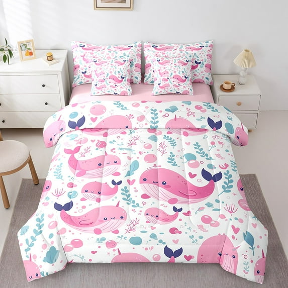 Erosebridal Pink Whale Bedding Sets Full Size, Kawaii Sealife Comforter Sets with Sheets, Cartoon Plant Reversible Bed Set, Breathable Room Decoration, 7 Pieces