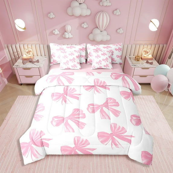 Erosebridal Pink White Bow Bedding Set Cute Bowknot Twin Comforter Set 7 Piece Teen Women,Kawaii Girly Bow Bed In A Bag Watercolor Bow Sheet Set With Comforter
