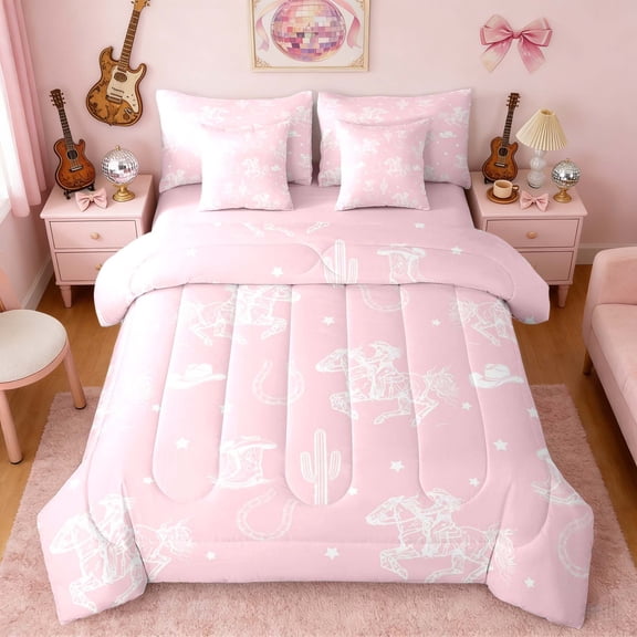 Erosebridal Pink White Cowgirl Horse Cactus Print Twin Bedding Sets, Western Theme Bedding Comforter Set for Girls, Pink Reversible 7 Pieces