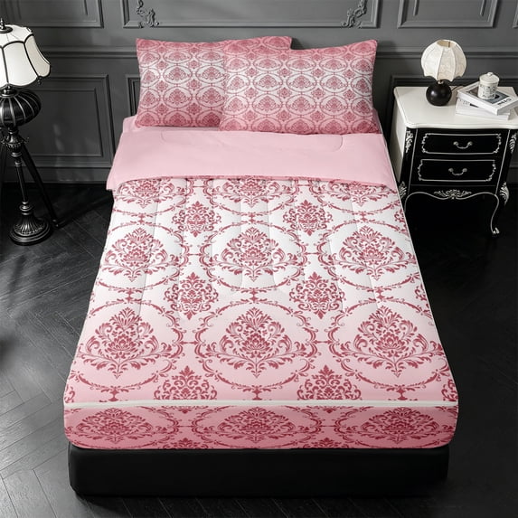 Erosebridal Pink White Damask Floral Zipper Queen Comforter Set with Fitted Sheet and 2 Pillowcases,Vintage Baroque Ornament Pattern Zipper Bedding Set For Adults,Pink Reversible,4pcs