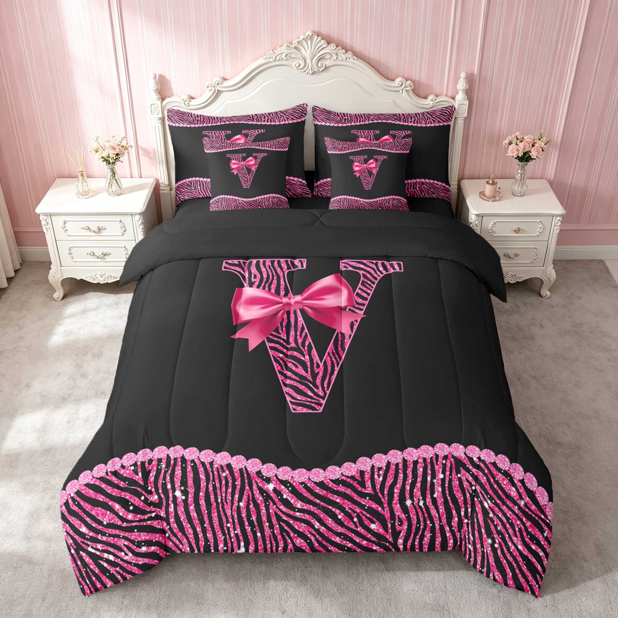Erosebridal Pink Zebra Letter Bow Queen Bedding for Girls, Glam Glitter