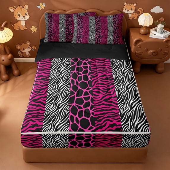Erosebridal Pink Zebra Lines Zipper Twin Comforter Sets with Fitted Sheet and 2 Pillowcases,Abstract Geometric Stripes Zipper Bedding Set For Girls,Black Reversible,4 Pieces