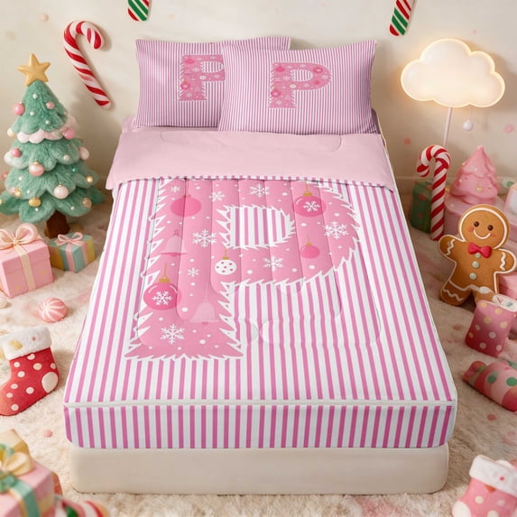 Manfei Pink Zipper Twin Comforter Sets with Fitted Sheet and 2 Pillowcases Monogram Zipper Bedding Set, Pink K, Pink Reversible