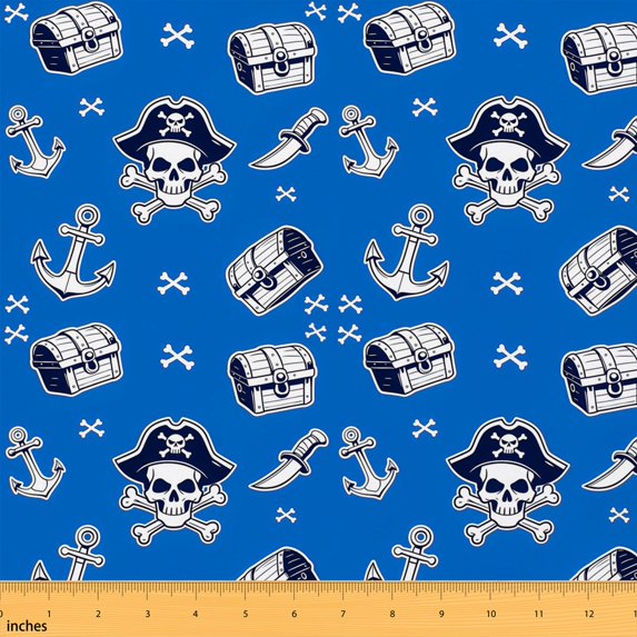 Erosebridal Pirate Skull Fabric by the Yard 3 Yards, Anchor Treasure Chest Dagger Pattern Room Decor Fabric by the Yard