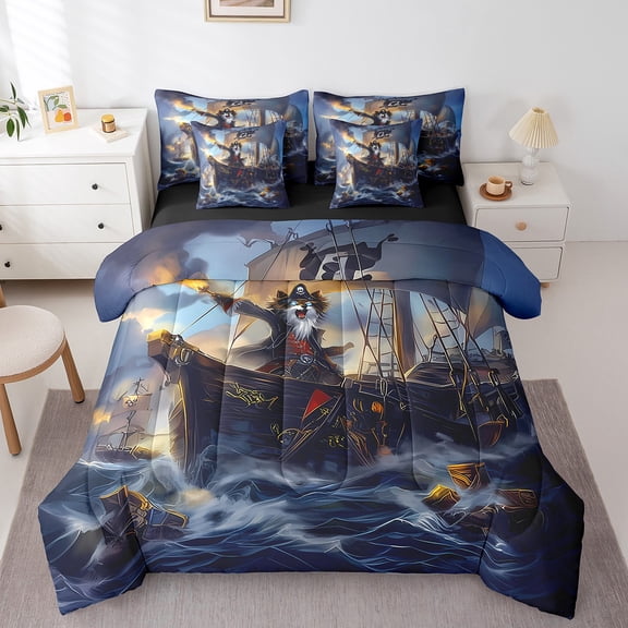 Erosebridal Pirate Theme Bed in a Bag Twin Size,Funny Animal Wolf Bed Set,Sailing Ships Bedding Twin Size For Teens,Super Cozy Princess Room Decorative Reversible,7 Pieces