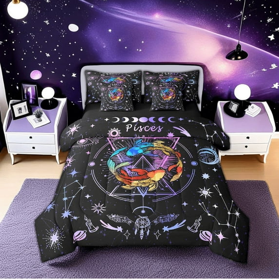 Erosebridal Pisces Gifts Bedding Sets Full Size, Twelve Constellations Comforter Sets with Sheets, Astrology Horoscope Bedroom Decor, Reversible 7pcs