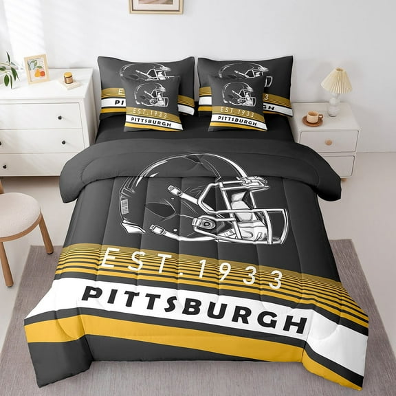 Erosebridal Pittsburghp Bedding Sets Twin Size,yellow Stripes Comforter Sets with Sheets,Rugby Helmet Bed in a Bag Twin Size,Stylish Living Room Decoration Reversible,7-Piece