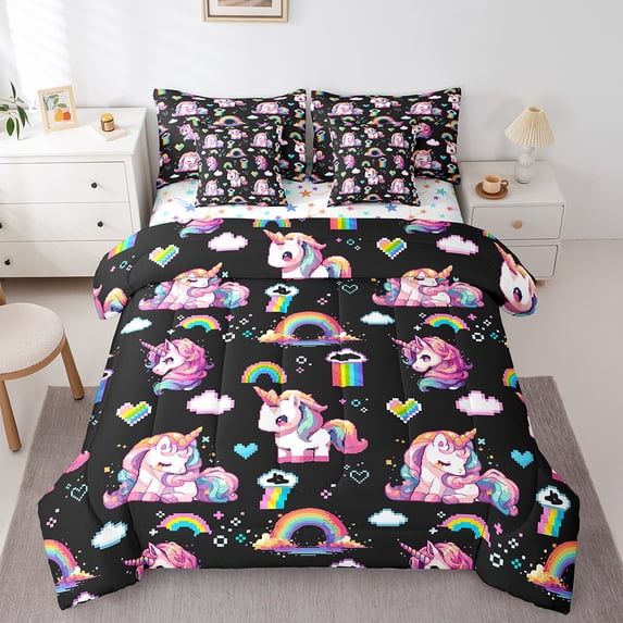 Erosebridal Pixel Style Bed in a Bag King Size,Magic Animal Unicorn Bed Set,Cute Rainbow Love Bedding King Size For Girls,Lightweight Bedroom Decor Reversible,7 Pieces