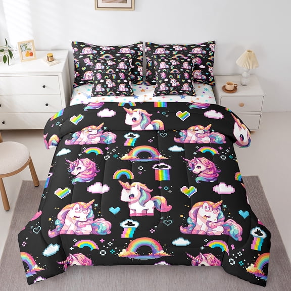 Erosebridal Pixel Style Bedding Full Size,Magic Animal Unicorn Comforter Sets with Sheets,Cute Rainbow Love Bedding Sets Full Size For Girls,Lightweight Bedroom Decor Reversible,7pcs